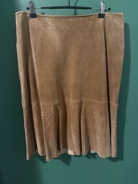 Women’s Tan Suede Midi Skirt with Laser-Cut Hem